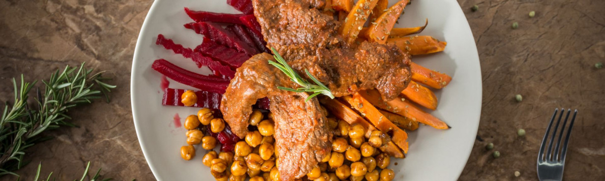 Roast Beef with Sweet Potatoes and Beetroot Chickpeas