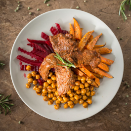 Roast Beef with Sweet Potatoes and Beetroot Chickpeas