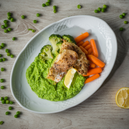 Cod Delight with Green Pea Purée, Broccoli, and Baby Carrots